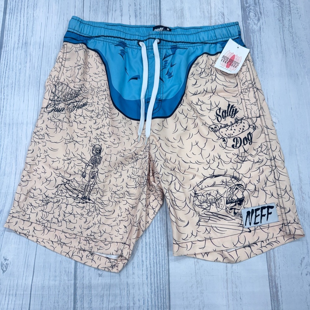 NWT NEFF Bathing Suit Swim Trunks Shorts Size Small Mens Tatoos Surf Beach